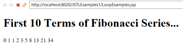 Showing First 10 Terms of Fibonacci Series using JSTL