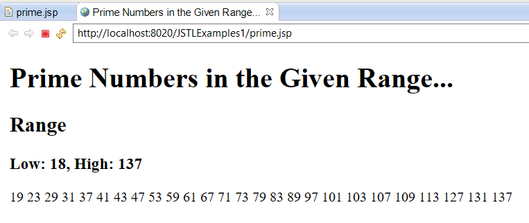 Program to Display Prime Numbers in a Given Range using JSTL