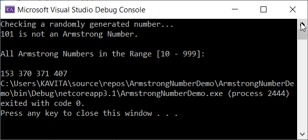 The Output Produced by the Programs to Find Armstrong Numbers in C#