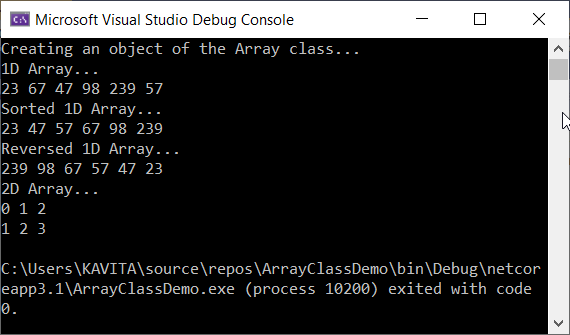 The Output of the Program Demonstrating the Methods of Array Class
