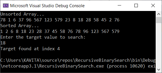 Demonstration of Recursive Binary search in C#