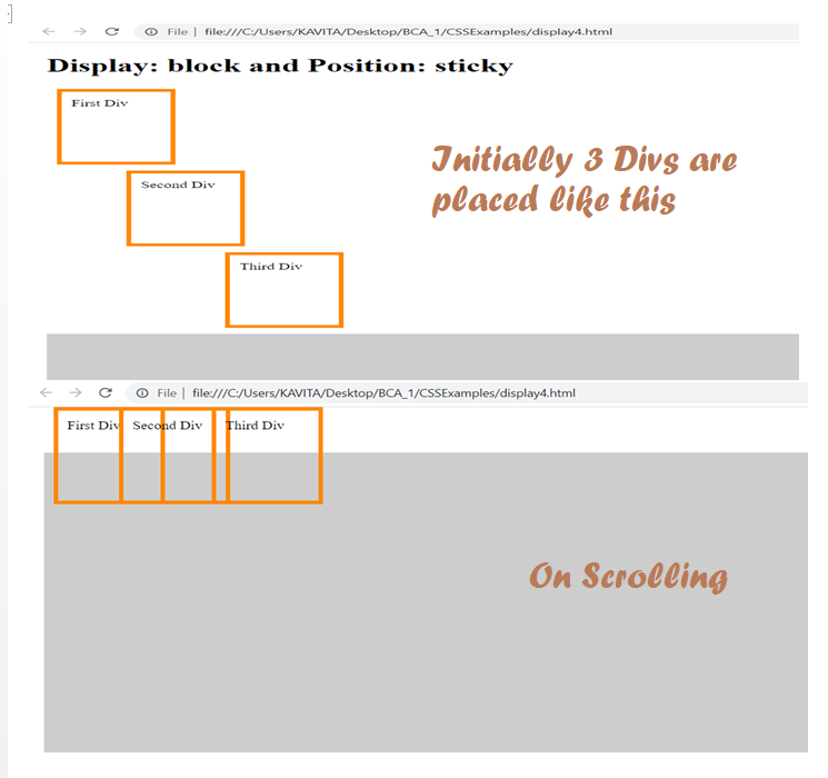 Illustrating Examples of Display and Position Properties in CSS with display: block and position: sticky