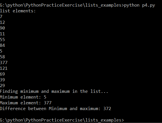 The Output of the code to Find Difference Between Minimum and Maximum Elements in a List in Python