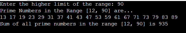 The Output of the Program to Find the Sum of All Prime Numbers in the Given Range in C