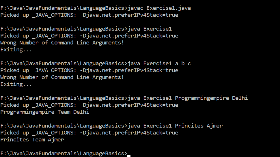 The Output of the Example of Using Command Line Arguments in Java