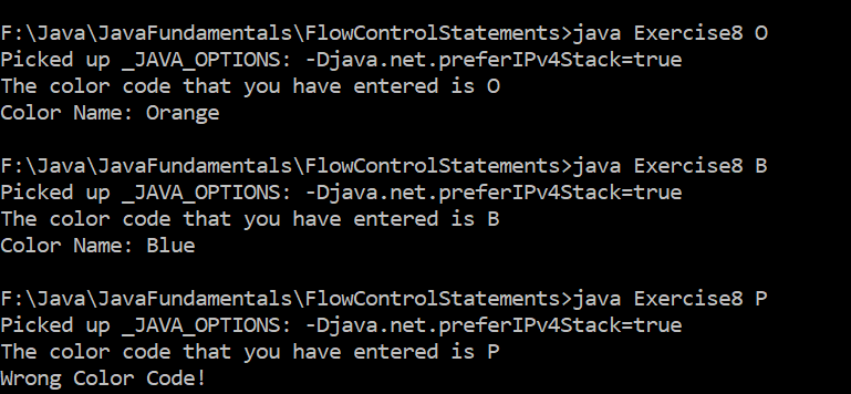 The Output of an Example of Switch Case Statement in Java