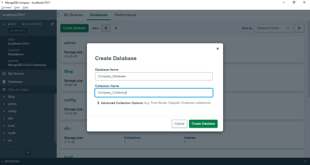 Create Database and Collection Using MongoDB Compass