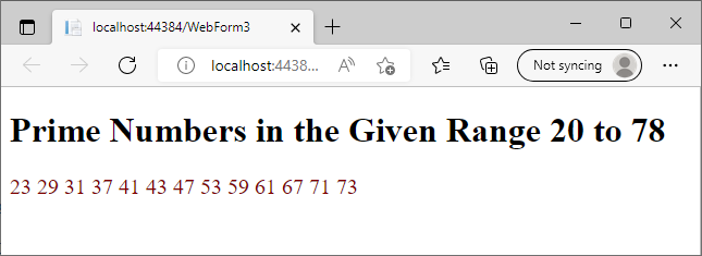 Prime Numbers in the Given Range Using Code Render Block in ASP.NET