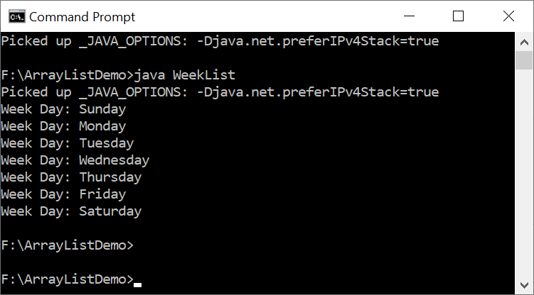 A Program to Create An ArrayList of Week Days in Java
