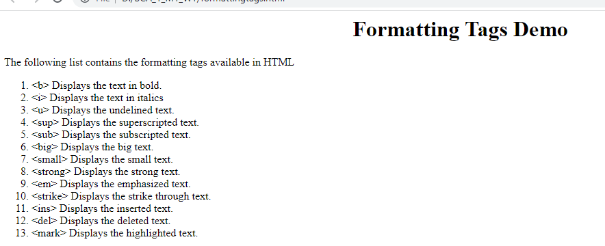 Demonstrating an Examples of Formatting Tags in HTML