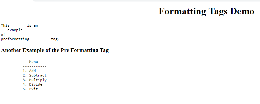 An Example of using Pre Formatting Tag in HTML