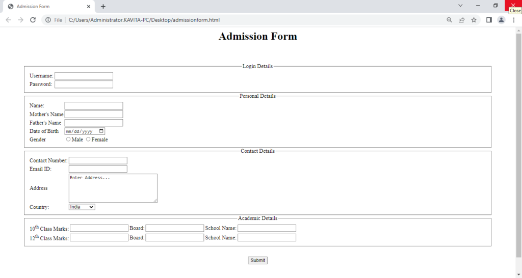 Example of an Admission Form in HTML
