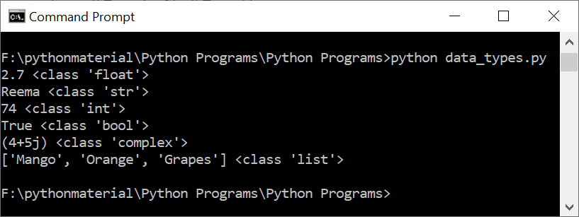 The Output of A Program to Demonstrate Various Data Types in Python