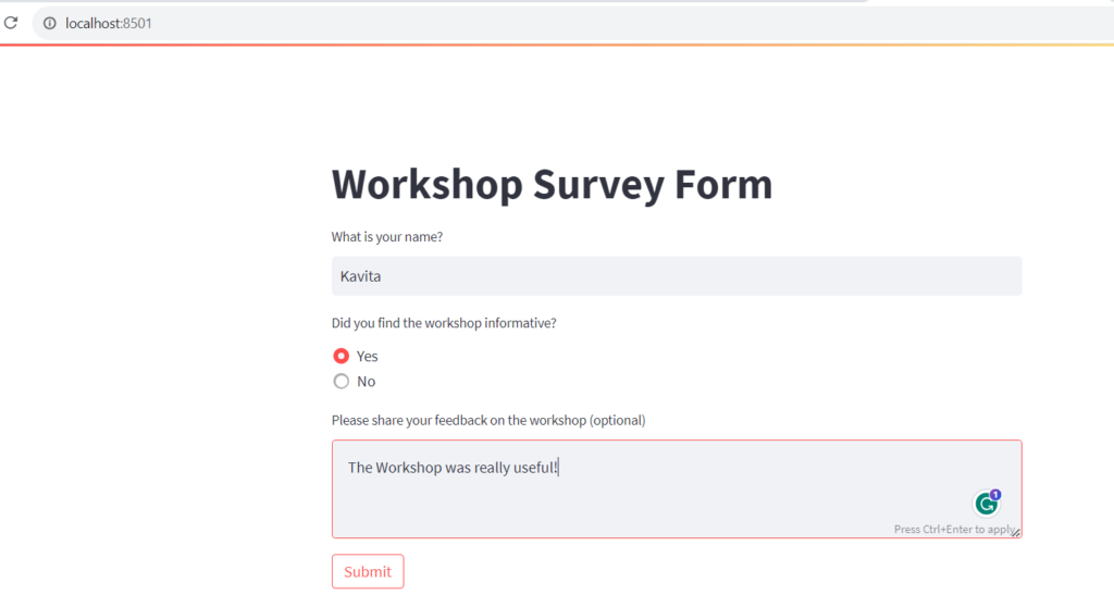 Workshop Survey Form Using Streamlit
